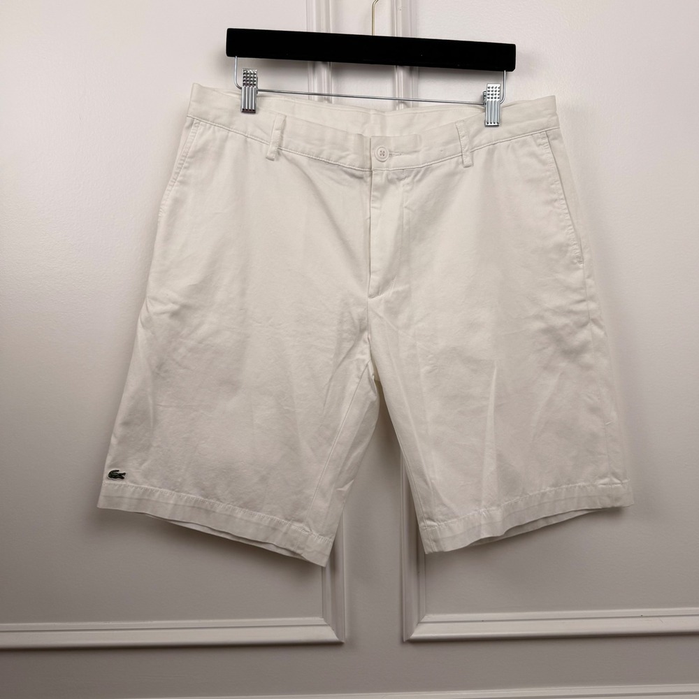 Lacoste Mens White Cotton Chino Shorts‎ Size 34 FH0561 Flat Front Preppy